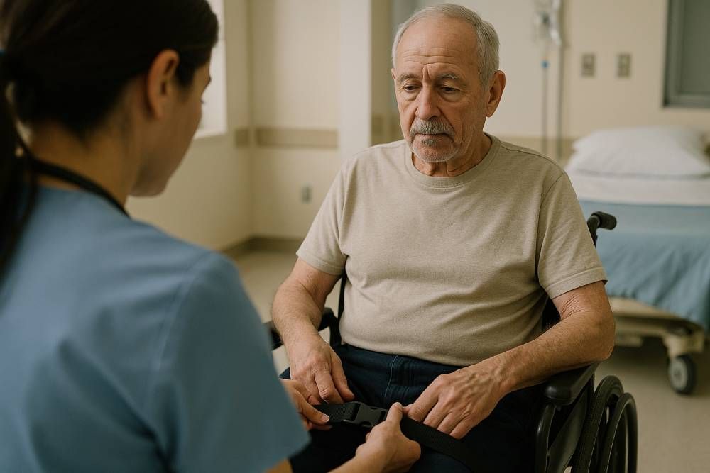 nurse attaching thigh belt to elderly man in wheelchair