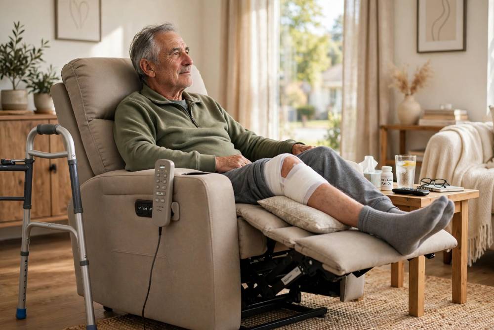 senior man recovering from knee surgery in recliner