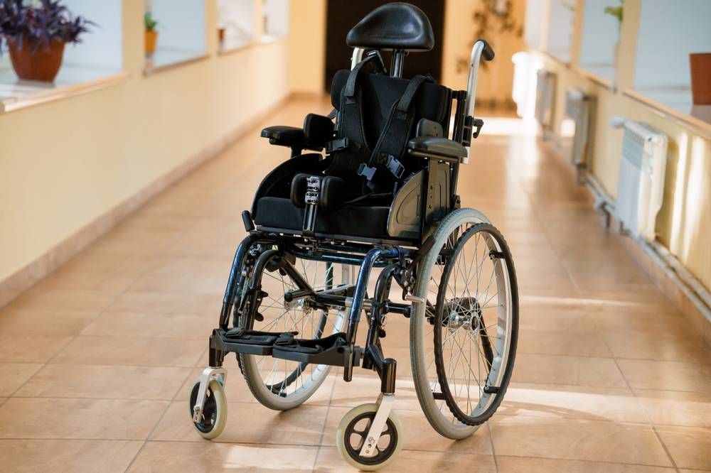 wheelchair with headrest harness and cushion