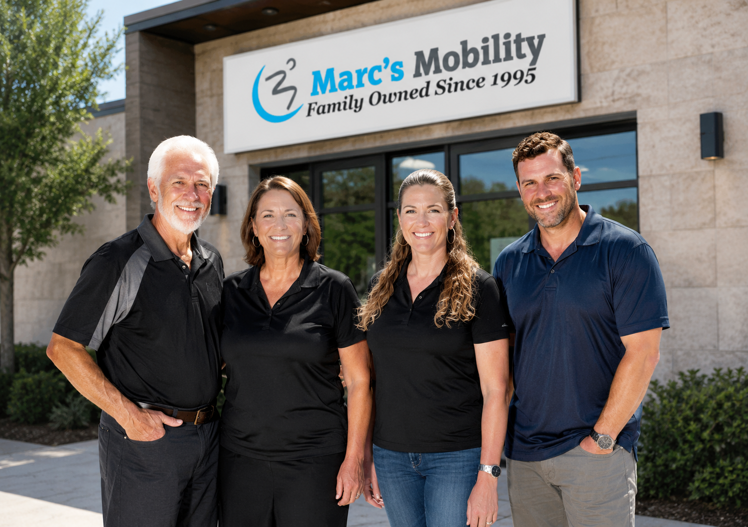 Four people standing in front of a building with 'Marc's Mobility' signage.