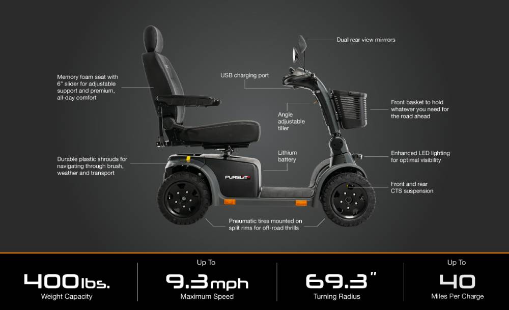 pride pursuit 2 mobility scooter features chart